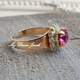 Verstelbare ring met Swarovski Fuchsia & Turquoise