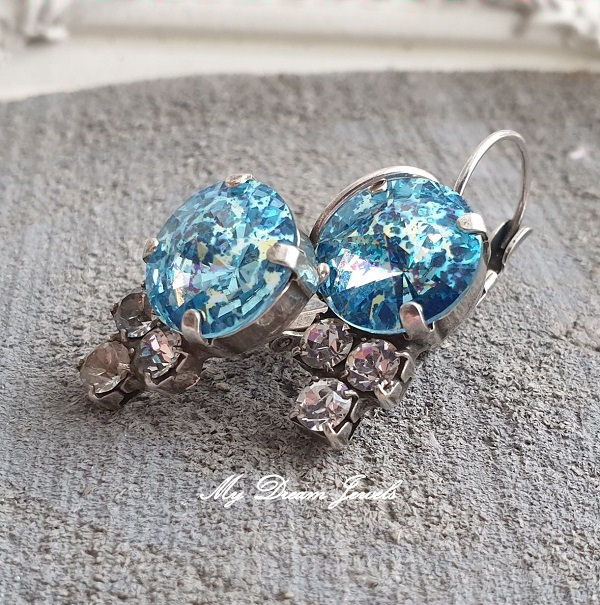 Oorbellen  Aquamarine White Patina & Helder Crystal met Swarovski Crystal