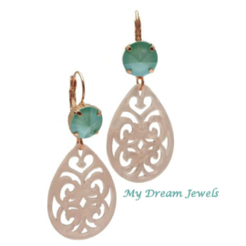 Oorbellen met Swarovski Mint Green en een Barok Hanger Nude