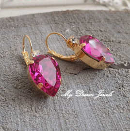 Oorbellen Druppel met Swarovski Helder Crystal & Fuchsia