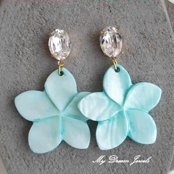 Oorstekers met Swarovski Helder Crystal en Schelp Hanger Bloem Aqua