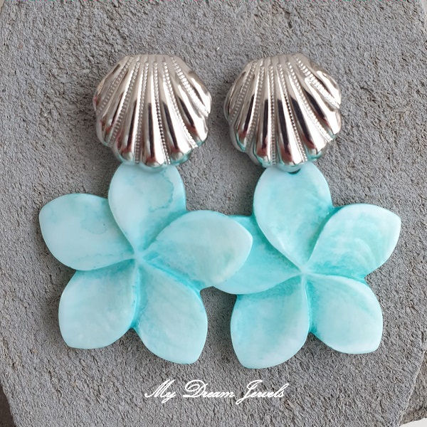 Oorstekers RVS Schelp met Schelp Hanger Bloem Aqua