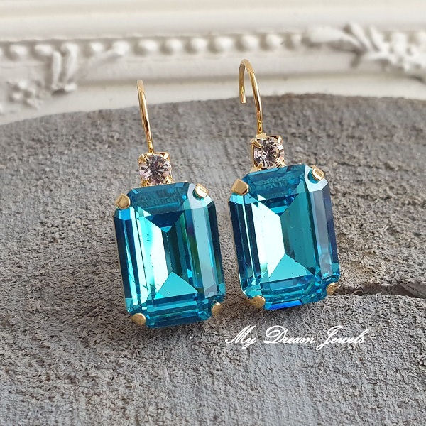 Oorbellen Octagon met o.a. Swarovski Helder Crystal & Aqua