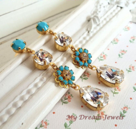 Oorstekers Vintage Swarovski Flower Turquoise/crystal