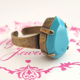 Verstelbare ring met een Swarovski druppel Turquoise (Vintage)
