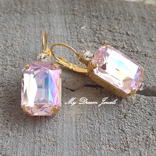 Oorbellen Octagon met o.a. Swarovski Helder Crystal & Soft Pink Shine