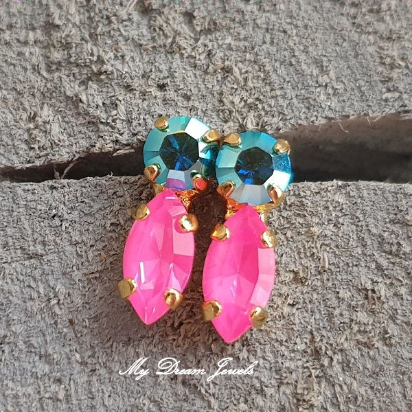 Oorstekers Petit  " Zircon & Electric Pink " met Swarovski Crystal
