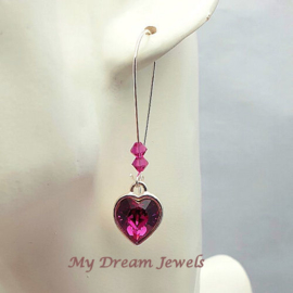 Lange Oorbellen Hart met Swarovski Fuchsia