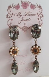 Oorstekers met Swarovski  Black Diamond & Pearls