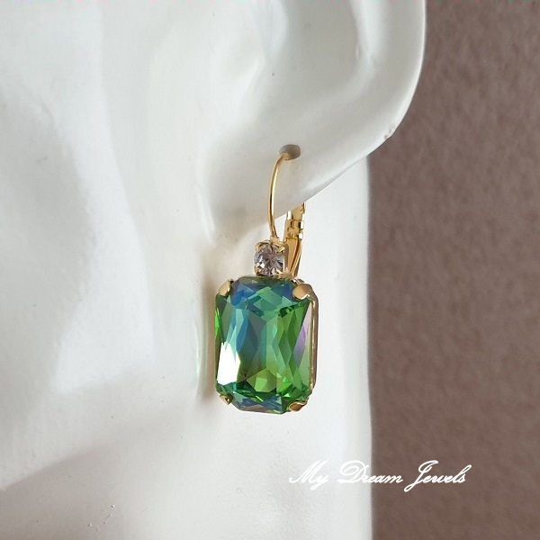 Oorbellen Octagon met o.a. Swarovski Helder Crystal & Green Shine