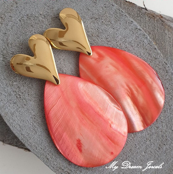 Oorstekers RVS Hart met Schelp Hanger Druppel Coral