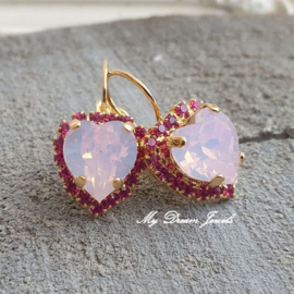 Luxe Oorbellen met Swarovski Hart Rose Water Opal & Fuchsia