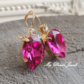 Oorbellen Druppel met Swarovski Helder Crystal & Fuchsia