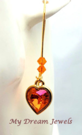 Lange Goudkleurige Oorbellen Hart met  Swarovski  Crystal Astral Pink