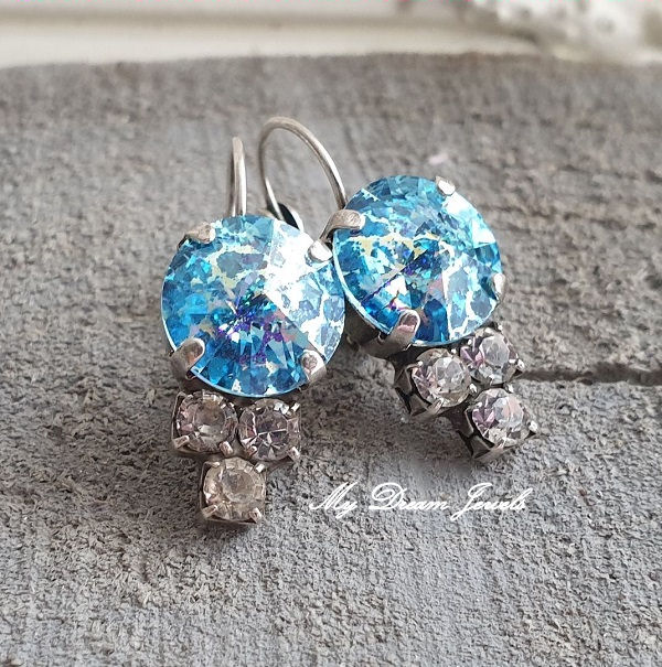 Oorbellen  Aquamarine White Patina & Helder Crystal met Swarovski Crystal