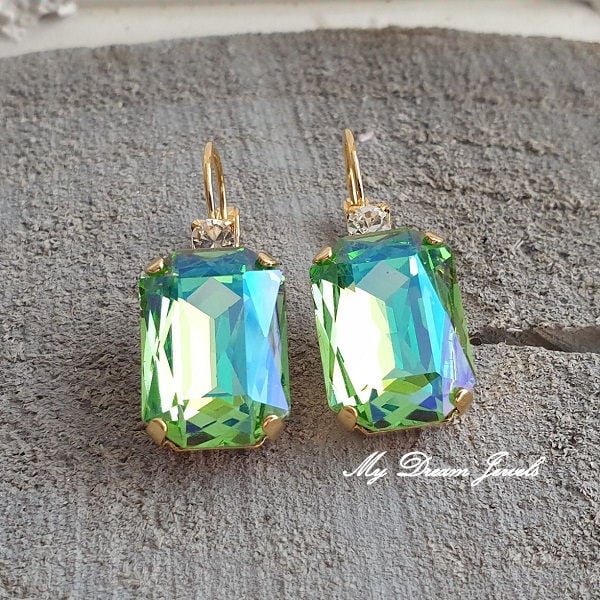 Oorbellen Octagon met o.a. Swarovski Helder Crystal & Green Shine