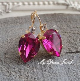 Oorbellen Druppel met Swarovski Helder Crystal & Fuchsia