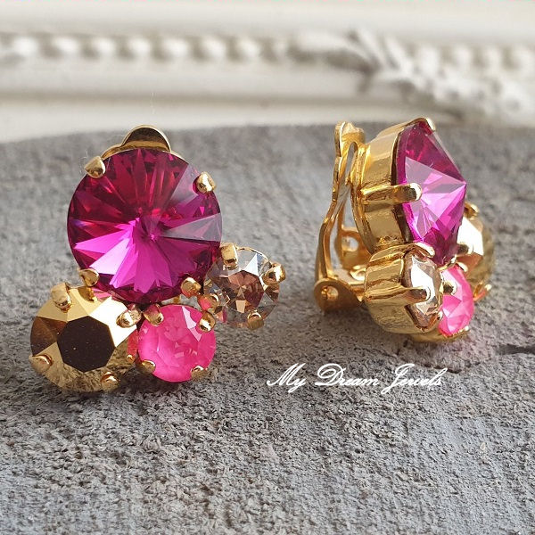 Oorclips Hot Pink & Gold met Swarovski Crystal