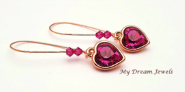 Lange Oorbellen Hart met Swarovski Fuchsia