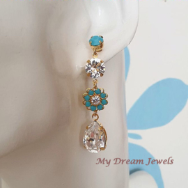 Oorstekers Vintage Swarovski Flower Turquoise/crystal