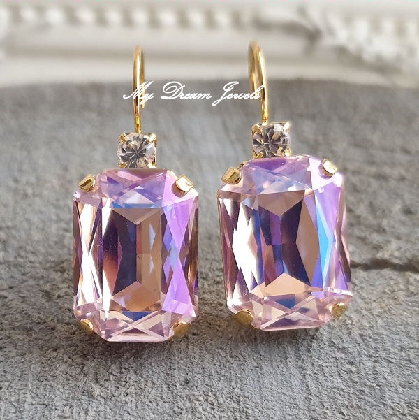 Oorbellen Octagon met o.a. Swarovski Helder Crystal & Soft Pink Shine