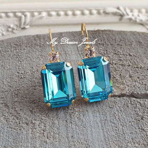 Oorbellen Octagon met o.a. Swarovski Helder Crystal & Aqua