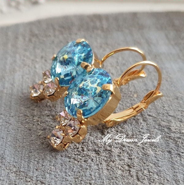 Oorbellen  Aquamarine White Patina & Helder Crystal met Swarovski Crystal