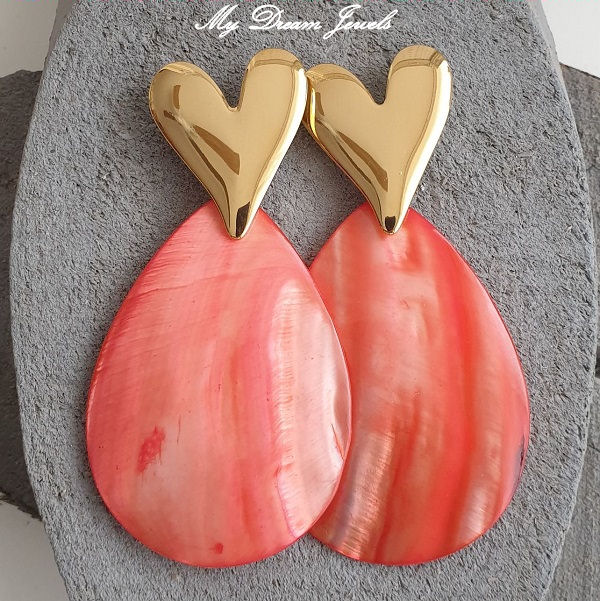 Oorstekers RVS Hart met Schelp Hanger Druppel Coral