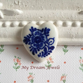 Vintage Cabochon Hart Delfts Blauw Bloemen