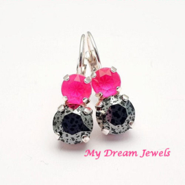 Oorbellen Lara " Neon Pink en Black Silver Patina " met o.a. Swarovski Crystal