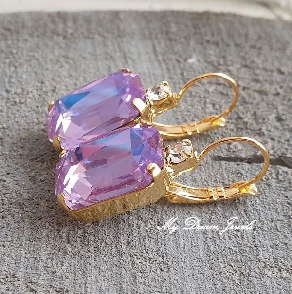 Oorbellen Octagon met o.a. Swarovski Helder Crystal & Purple Shine
