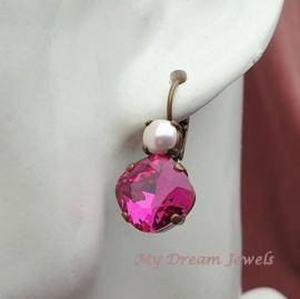 Oorbellen met Swarovski White Pearl / Fuchsia