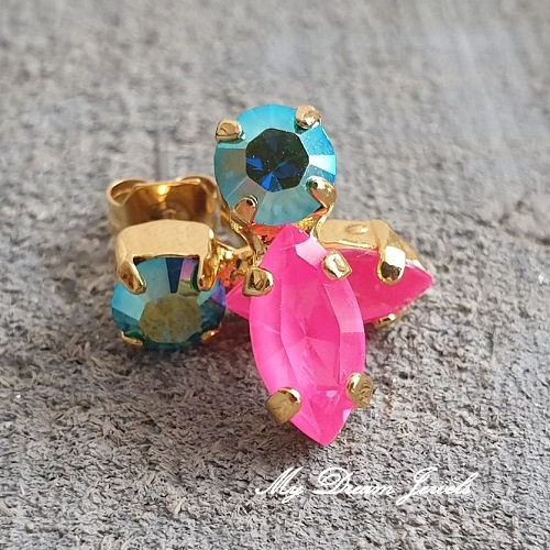 Oorstekers Petit  " Zircon & Electric Pink " met Swarovski Crystal