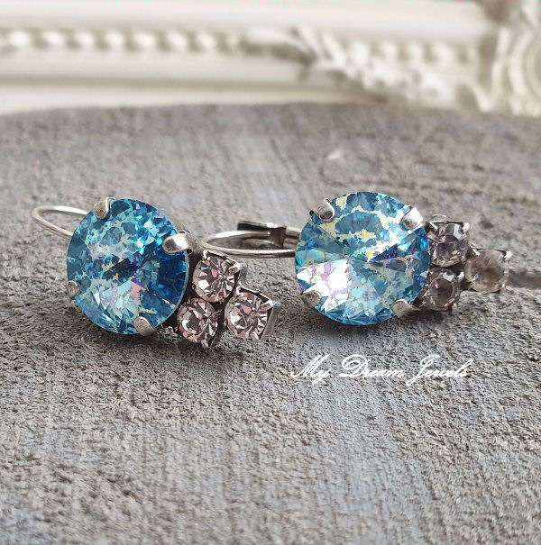 Oorbellen  Aquamarine White Patina & Helder Crystal met Swarovski Crystal