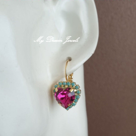 Luxe Oorbellen met Swarovski Hart Fuchsia & Turquoise
