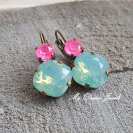 Oorbellen Square met Swarovski Neon Pink & Pacific Opal