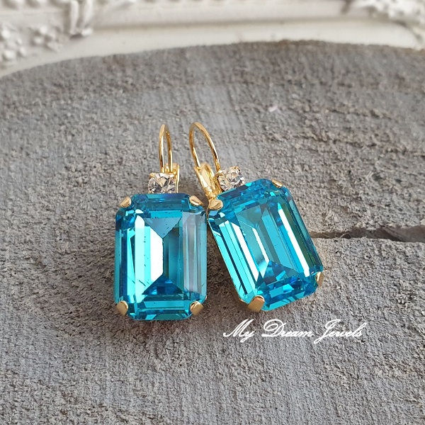 Oorbellen Octagon met o.a. Swarovski Helder Crystal & Aqua