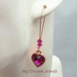 Lange Oorbellen Hart met Swarovski Fuchsia
