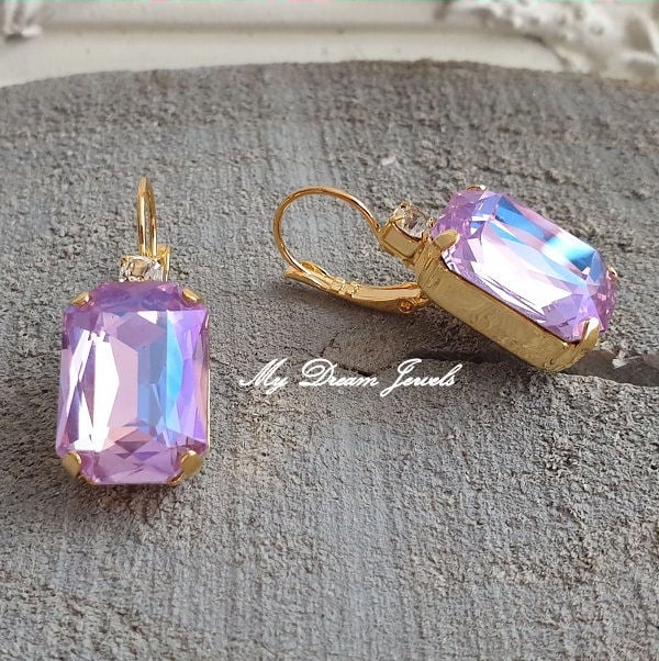 Oorbellen Octagon met o.a. Swarovski Helder Crystal & Purple Shine