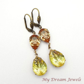 Oorbellen met Swarovski en Vintage Leaf Green/Brown