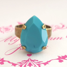 Verstelbare ring met een Swarovski druppel Turquoise (Vintage)