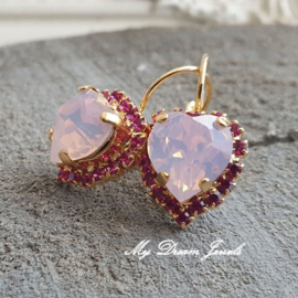 Luxe Oorbellen met Swarovski Hart Rose Water Opal & Fuchsia