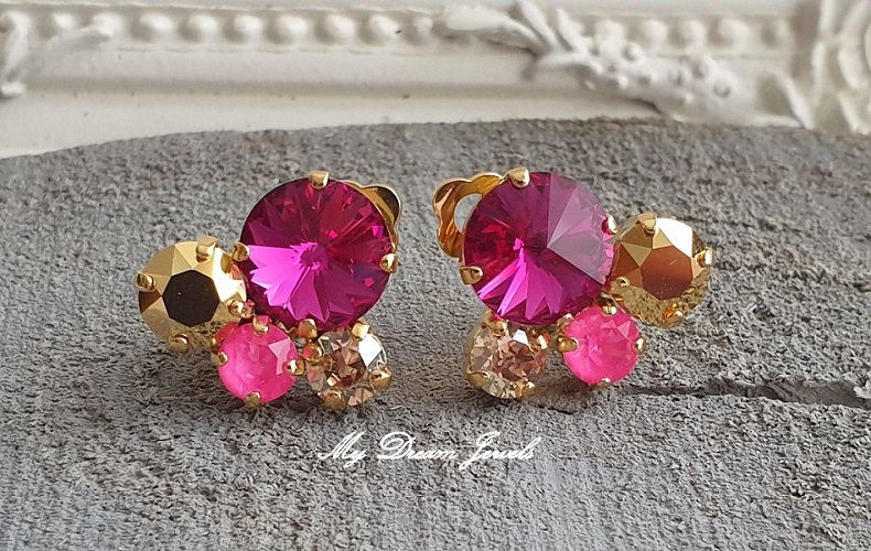 Oorclips Hot Pink & Gold met Swarovski Crystal
