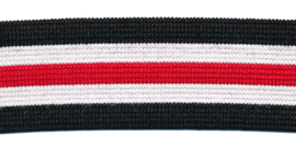 soepel  zwart wit rood gestreept elastiek voor bijv langs een broekspijp 25mm breed