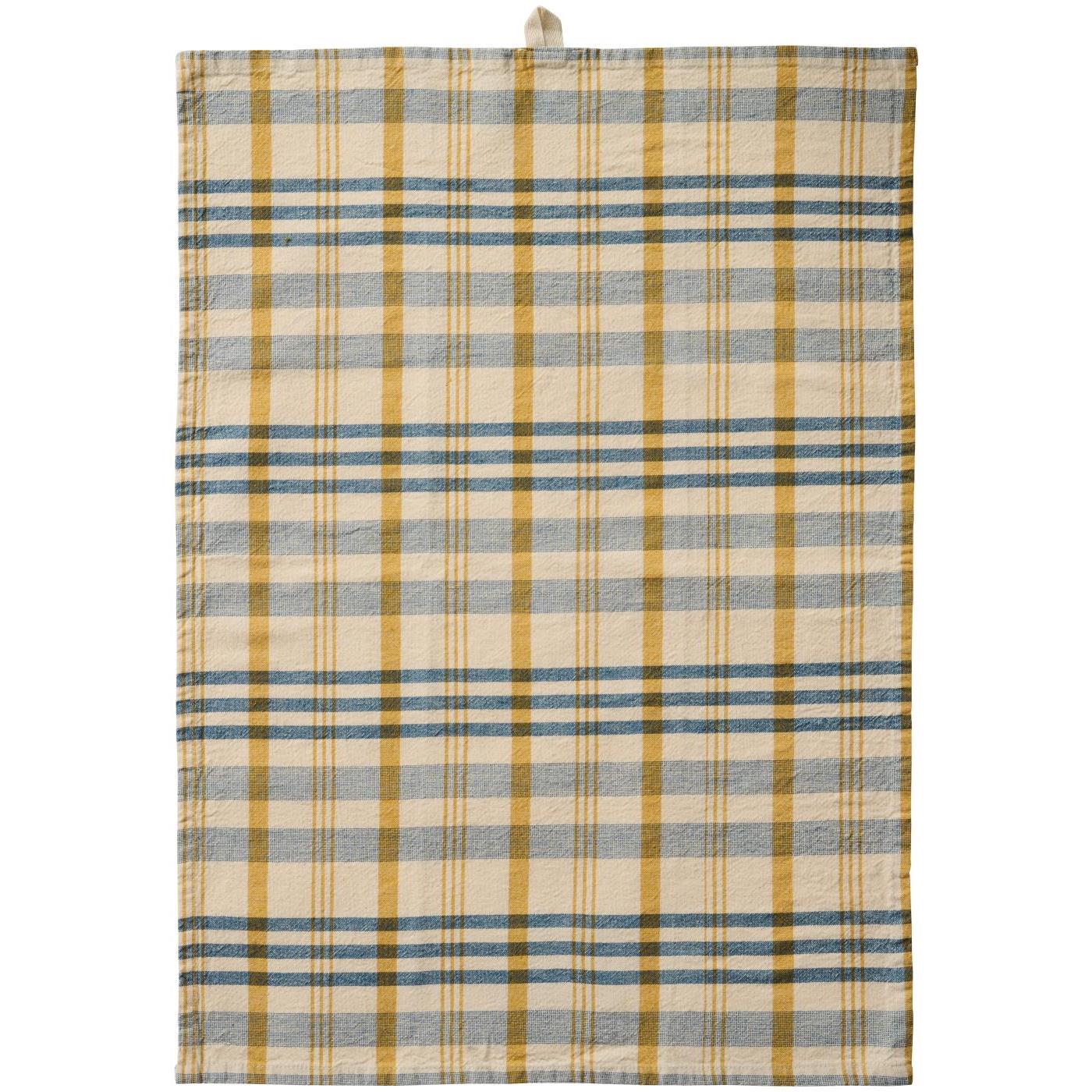 Theedoek Naturel met Blauw en Mustard Strepen