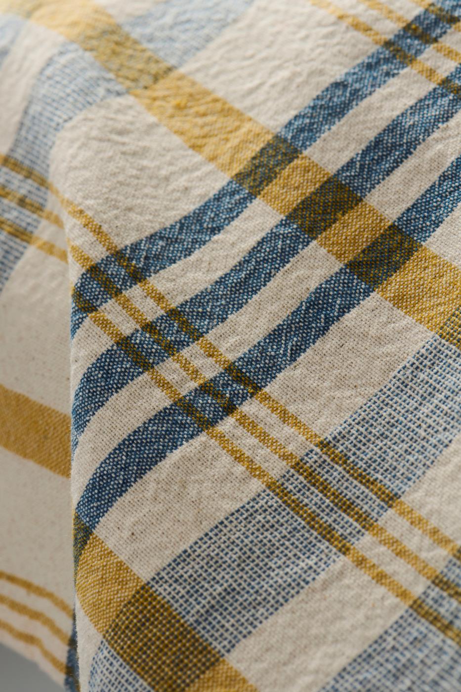 Theedoek Naturel met Blauw en Mustard Strepen