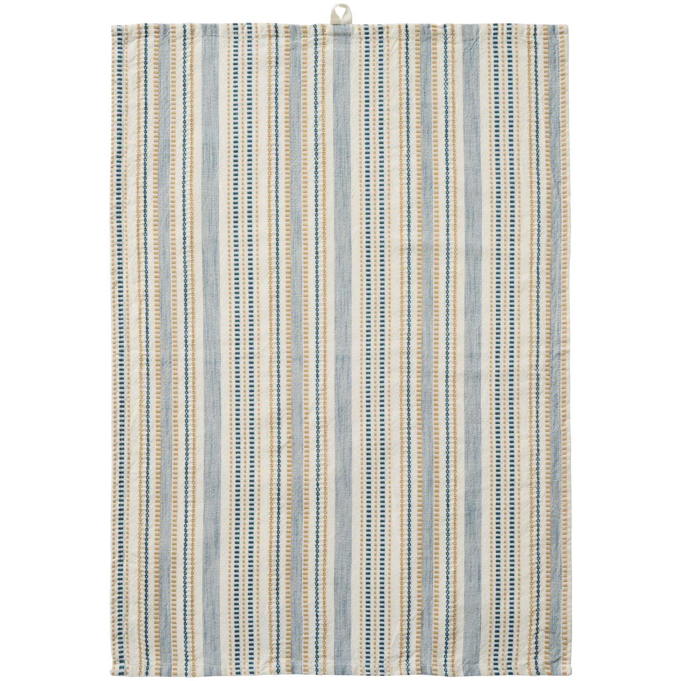 Theedoek Naturel met Blauw en Mustard Streepjes