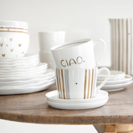 Mok Wit met Bruine en Zwarte Streepjes -Bastion Collections-