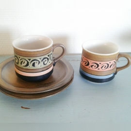 Set kop en schotel bruin /  pastel
