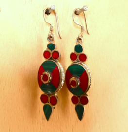 Boucles d'oreilles Tibet Malachite et Corail